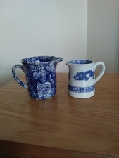 CAULDON DRAGON - BLUE WHITE CREAMER JUG & BLUE WHITE FLOWERS & CASTLE SMALL JUG