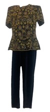 Papell Boutique Evening Blouse M Black Silk Gold Beads/Vera Wang  34X30”Leggings