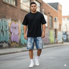 Hustle Gang Men's 36 (35) Y2K Jorts Distressed Bear Denim Blue Bermuda Shorts