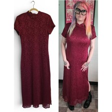 Vintage 90s Wine Red Floral Lace Side Slit Maxi Dress Whimsigoth Gothic Grunge