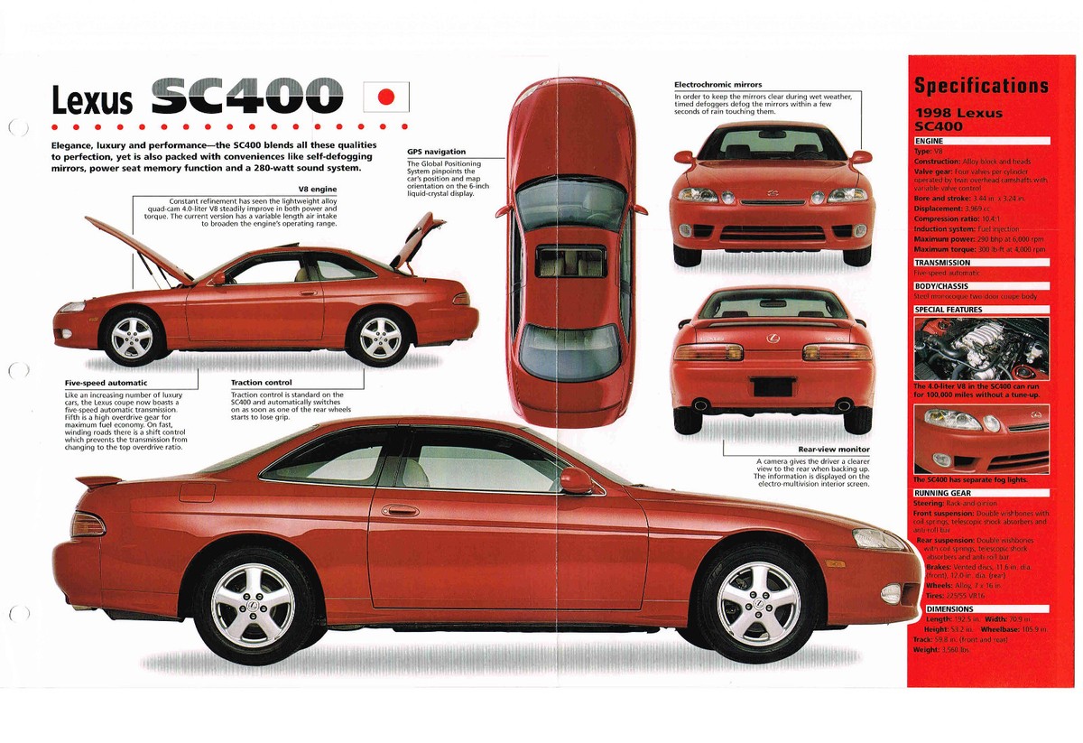 1997 / 1998 LEXUS SC400 SPEC SHEET / Brochure / Pamphlet / Catalag