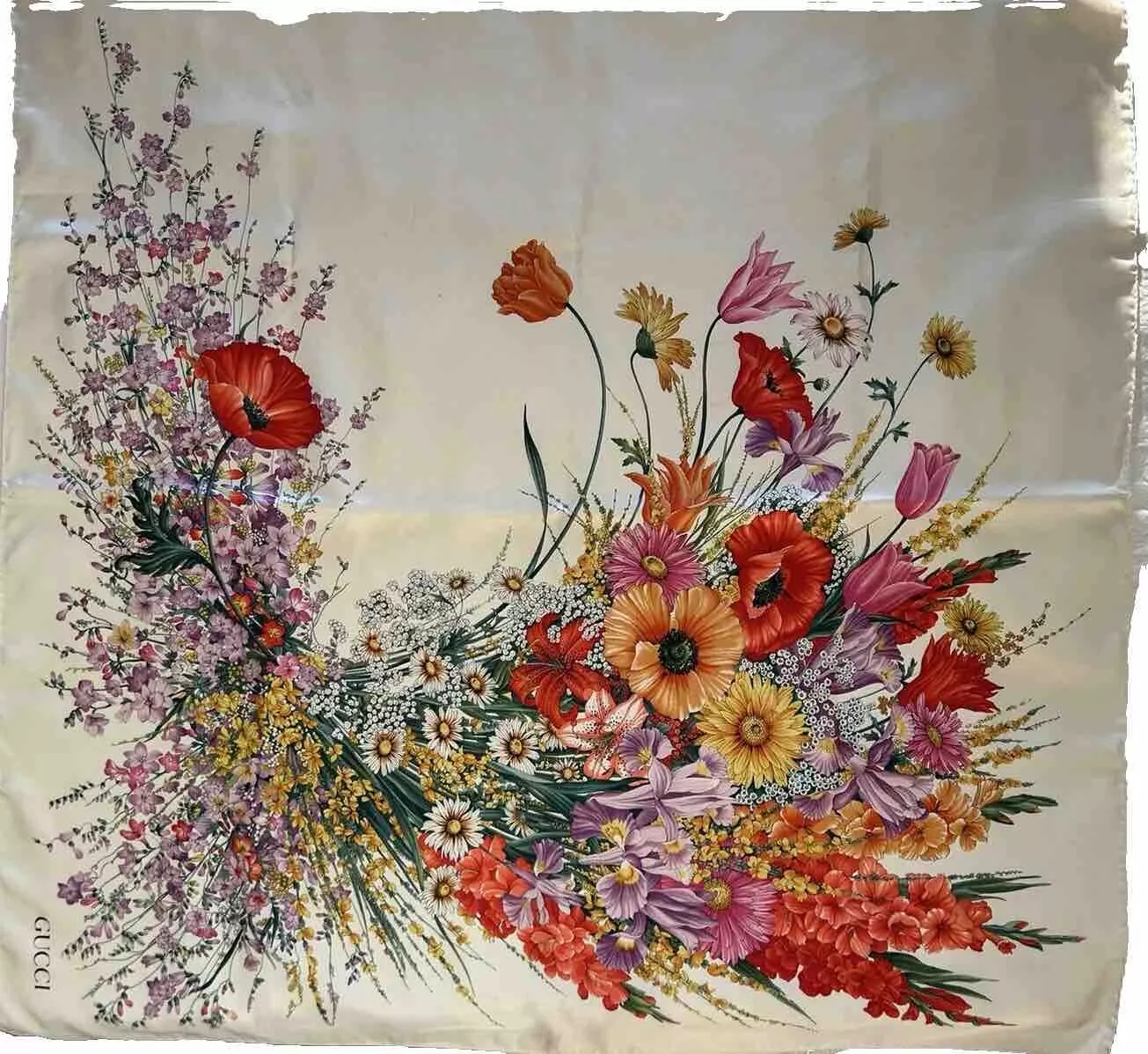 Authentique écharpe en soie vintage Gucci blanc cassé x motif flore multicolore [d'occasion