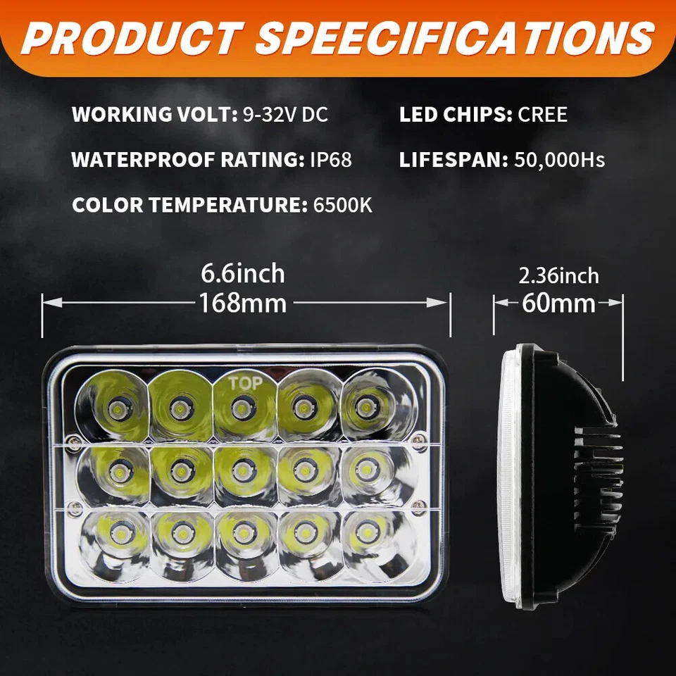 4PCS 4x6" LED Headlights High-Low Beam For Cadillac Fleetwood DeVille 1975-1986 - Изображение 3 из 4