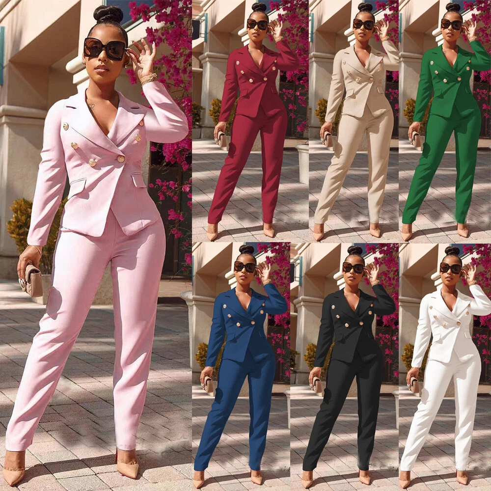 2 Pieces Women's Suits Double Breasted Blazer Pants Set Business Casual Outfits - Picture 1 of 23