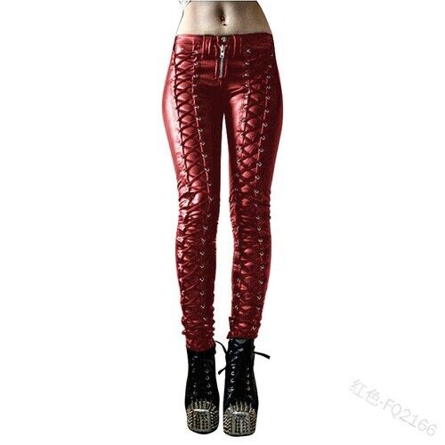 Damen Retro PU Hose Leder Steampunk Bandage Bleistifthose Mittelalter Bruder - Bild 11 von 13