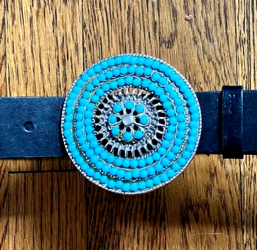 Ceinture Chico's En Cuir Noir Véritable Avec Grande Boucle Argentée - Vintage - Taille ML