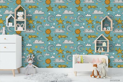 3D Sun Moon Star Cloud Green Self-adhesive Removable Wallpaper Murals Wall 787