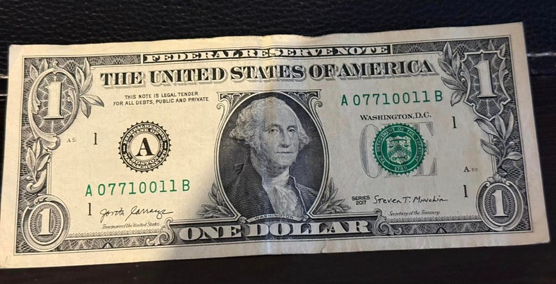 $1 bill, series 2017, serial# A 07710011 B (3 of a kind)