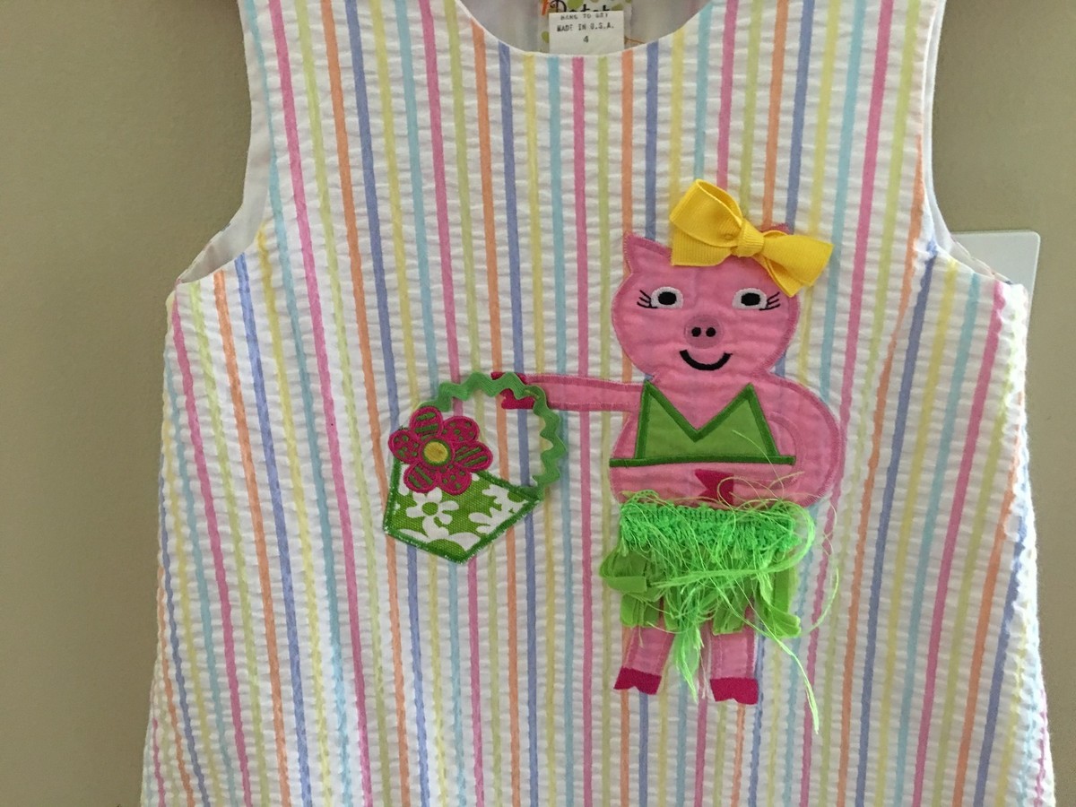 Potato Saks 4T Dress Pig Hula Skirt Applique Shift Seersucker
