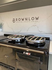 Black Cream Stripe Chefs Pads Hob Lid Covers Round PAIR for Aga Range Cooker 