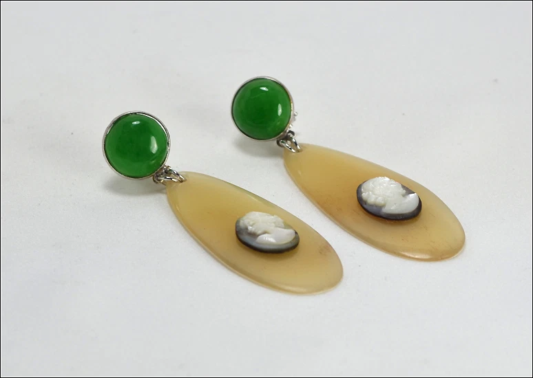 ORECCHINI IN ARGENTO 925 CON GIADA VERDE E CAMMEI IN MADREPERLA VOLTO AGHT 0490 - Immagine 2 di 3