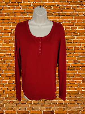 Steve Madden DAMEN-STRICK-T-SHIRT GRÖSSE UK MEDIUM ROT OBERTEIL LANGARM 1/4-KNOPF