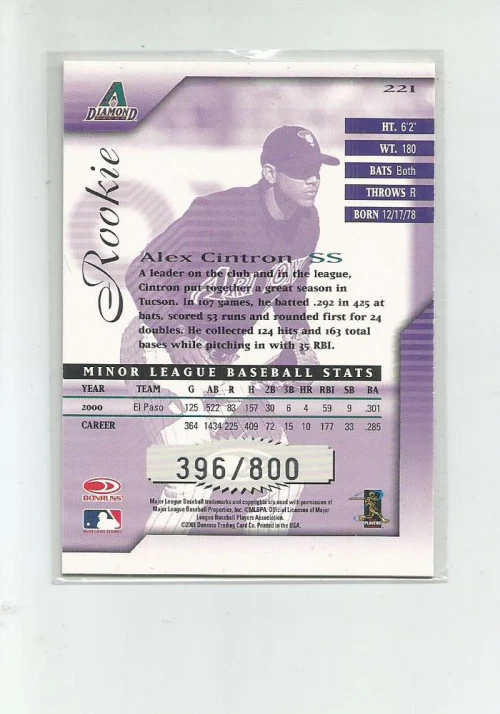 2001 DONRUSS SIGNATURE SERIES #221 ALEX CINTRON 396/800 - Image 2 of 2