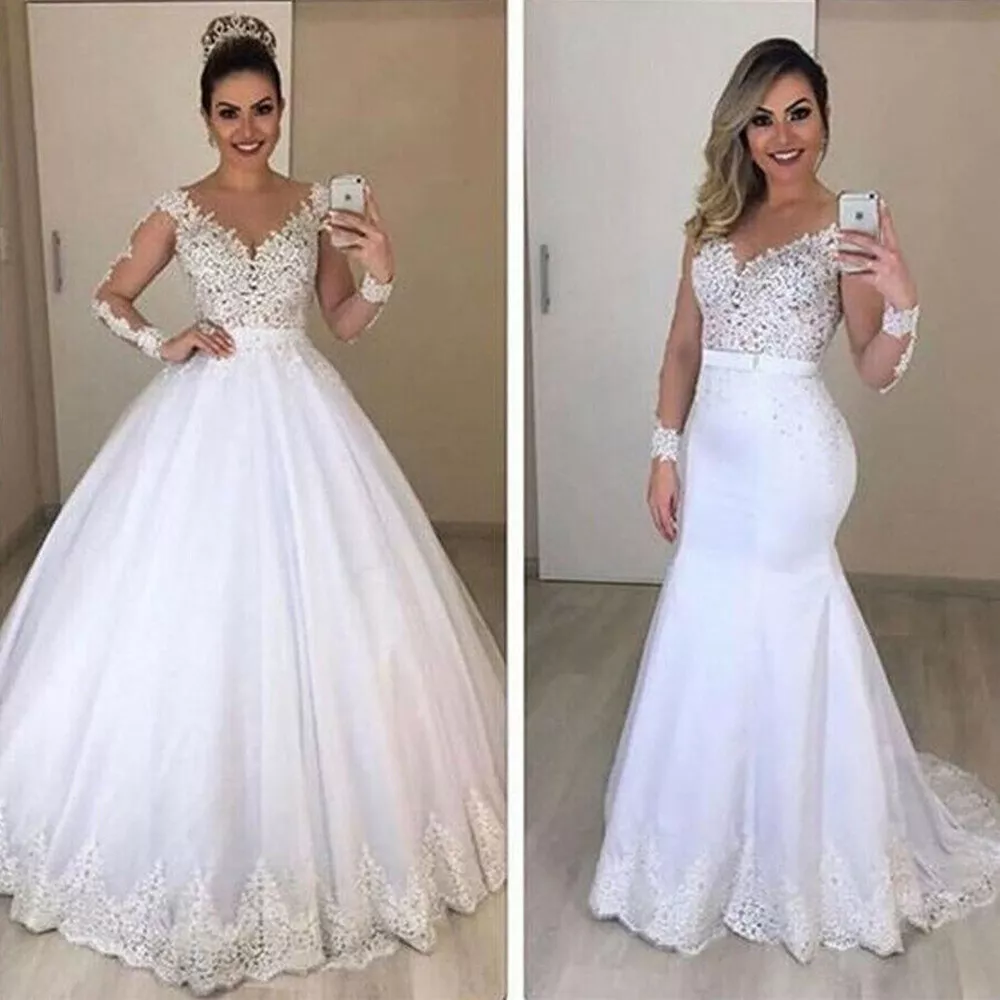 A Line Plus Size Wedding Dresses Lace Appliques Long Sleeves Tulle Bridal  Gowns | eBay