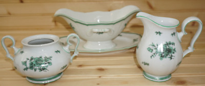 Rosenthal Green Bloom Gravy Boat, 9 7/8'', Creamer, 4 3/4'', Sugar Bowl, 3'' (G-E2)