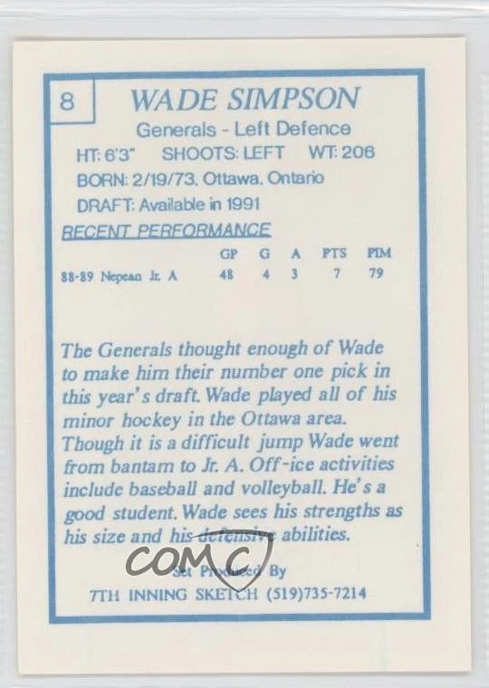 1989-90 7th Inning Sketch OHL Wade Simpson #8 - Image 2 of 2