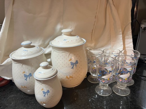 vintage goose canister set ceramic with 5 goose glasses