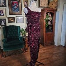 Nookie Womens One Shoulder Sequin Gown Wine Red High Slit Open Back Dress NWT