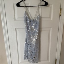 Nasty Gal Blue Floral Sequin Beaded Mesh Mini Dress V-Neck Strappy US 8