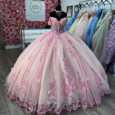 3D Flowers Pink Quinceanera Dresses Off Shoulder Sweet 15 16 Prom Ball Gowns