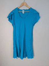 Match Point Dress Womens M Blue 100% Linen Flutter Sleeve Pocket Made USA 213