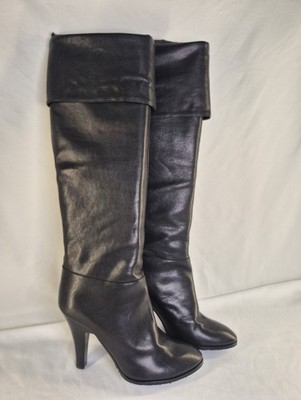 Studio Pollini Italian Black Leather Wood Heel Knee High Boots  Women's/36.5