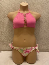 Victorias Secret Bikini Pink Cage Front Top Neon Tropical Floral Bottoms Size M