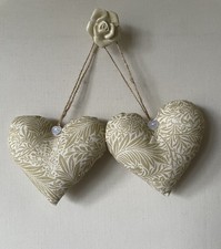Pair Of Heart Door Hangers In William Morris Larkspur Fabric in Beige ~ 5"