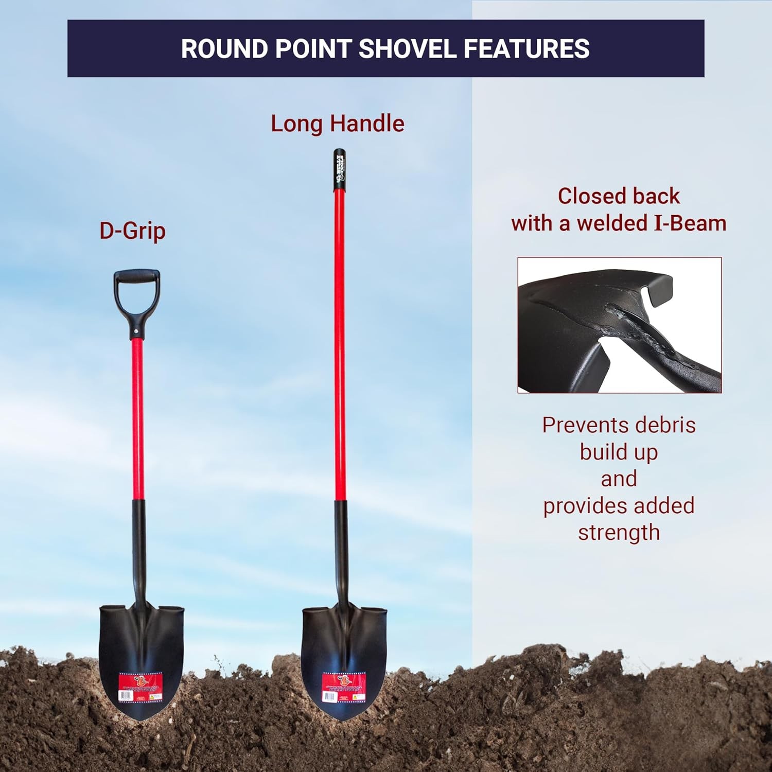 Bully Tools 82515 14-Gauge Round Point Shovel with Fiberglass Long Handle
