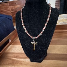 Handcrafted Beaded Necklace Pink Gold Glass M...