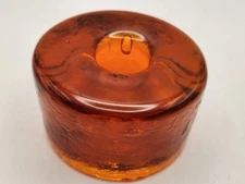 MCM Blenko Glass Tangerine Orange Taper Candle Holder Round Puck Art Glass