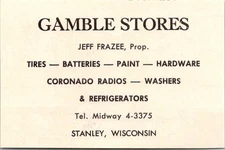 Gamble Stores Tires Jeff Frazee Stanley WI c1958 Chippewa County WI Ad TAJ6-M9