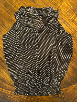 Willi Smith Women's M Black/White Polka Dot V-Neck Ruffle Smocked Sheer Blouse