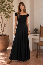 Vintage 1970s Clovis Ruffin Womens Maxi Dress Sz Medium Black Smocked Cap Sleeve