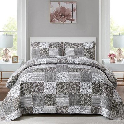 Floral Plaid Patchwork Quilt Set Reversible Lightweight Microfiber Bedspread