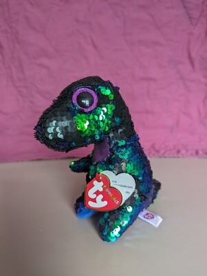 Ty Beanie Boo Flipables Crunch Dinosaur Plush Sequins Black Purple Green  Trex 6