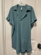 Zenana Teal Green Linen Collared Raw Hem Tunic Shift Shirt Dress Medium