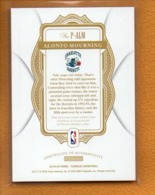 2019-20 Panini Flawless - Patches Alonzo Mourning #P-ALM Ruby /15 