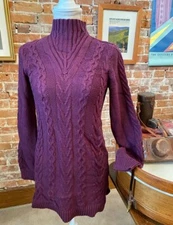 Denim & Co Petite Deep Wine Purple Neck Cable Knit Tunic Sweater New