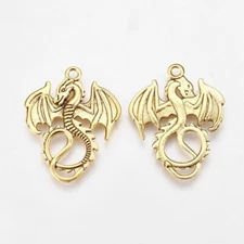 Dragon Pendant Antique Gold Tone Dragon Charm Medieval Fairy Tale 2 sided