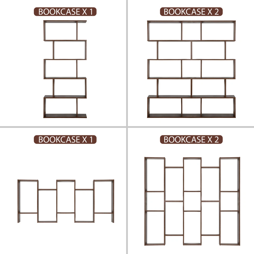 2×5-Tier Bookshelf Wood Geometric Bookcase Freestanding S-Shaped Display Shelves - Image 2 of 4