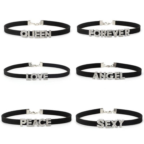 Rhinestone Letter Daddy Necklace Black Soft Leather Choker Sexy Neck Collar - Picture 12 of 49