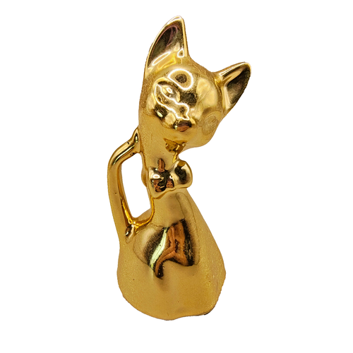 Vintage Gold Siamese Cat Figurine With Bow Tie 4.75 in x 2 in Ceramic Shiny