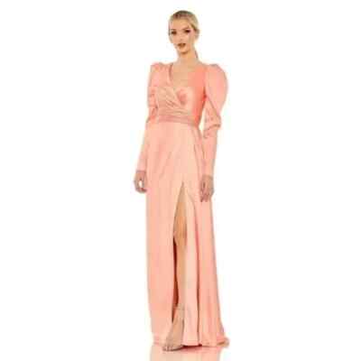 Mac Duggal Peach Puff Long Sleeve Satin Faux Wrap Gown Size 6 $398