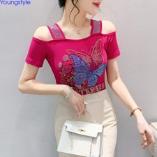 Korean Women Mesh Summer Rhinestone Strap Butterfly Party Tops Blouse T-shirt