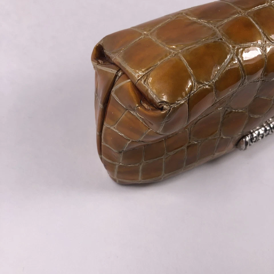 Bolso Bolso de Cosméticos BRIGHTON Completamente Forrado con Cremallera Marrón/Dorado Croc Charol Foto 4 de 4