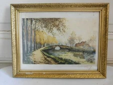 Huon Etching Signed with Pencil "Landscape with Bridge River House" Under Glass