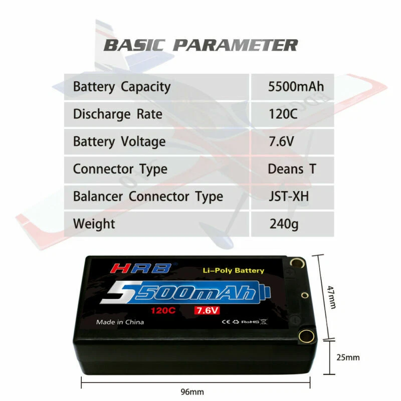 HRB 2pcs 7.6V 5500mAh 2S 120C Smart Race Hardcase T+XHR Shorty HV-LiPo Battery - Image 2 of 4