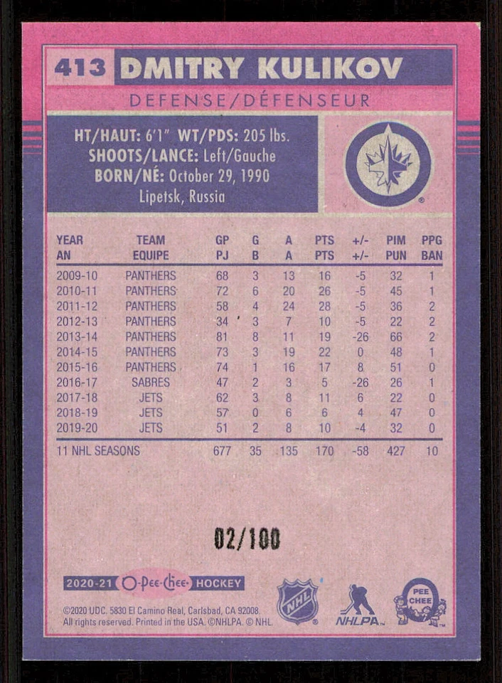 2020-21 O-Pee-Chee Retro Black #413 Dmitry Kulikov /100 - Image 2 of 2