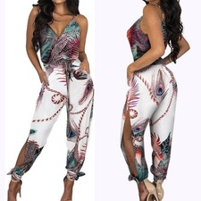 CBR Tropical Peacock Feather Print Jumpsuit Size XL Sleeveless Open Tie Ankle